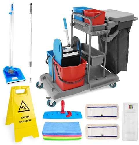 Hypafol Profi Putzwagen mit 100l Leinensack I Praktisches Reinigungsset mit 2x18l & 2x5l Eimern I Stabile Mopp-Presse & Halterung für Besen & Lappen I Set mit 3 x 40 cm Wischmopp & 12 x Mikrofasertuch