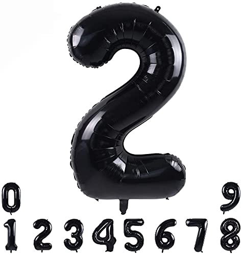 Pannu Design Foil Number Balloons, 16 inch Large Digit Number Foil Mylar Helium Balloons for Girls Boys Birthday Party Celebration Decoration Anniversary Supplies (2, Black)