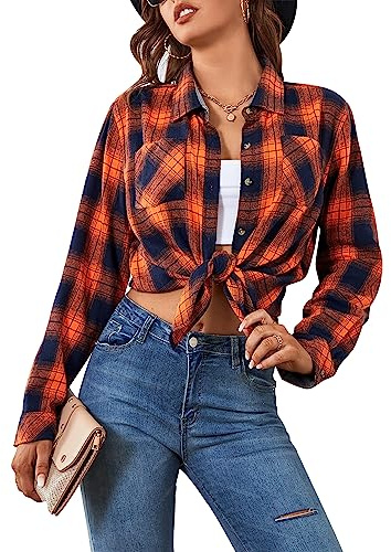 Damipow Premium Flannel Shirt Women Long Sleeve Fall Blouse Ladies Casual Top Cute Clothes,Orange,L