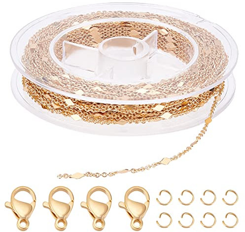 Beebeecraft 32.8 Fuß (10M) 18 Karat Vergoldete Rhombus-Gliederketten Mit 20 Karabinerverschlüssen Und 50 Biegeringen Für Die Herstellung von Halsketten-Ohrringen