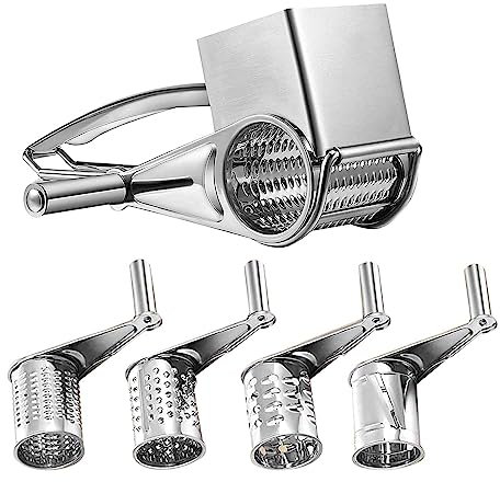 TICFOX Grattugia per Formaggio con Manovella, Set di Grattugia Rotante in Acciaio Inox con 4 Tamburi Manuale per Formaggio Affettatrice Trituratore Smerigliatrice