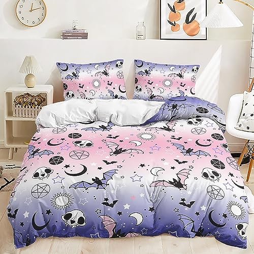 Lunoroey Girls Halloween Bedding Double Size Pink Purple Duvet Cover Set | Ghost Bat Skull Pattern Print, Halloween Room Decor, Girls Halloween Bedding, 1 Duvet Cover 2 Pillowcases