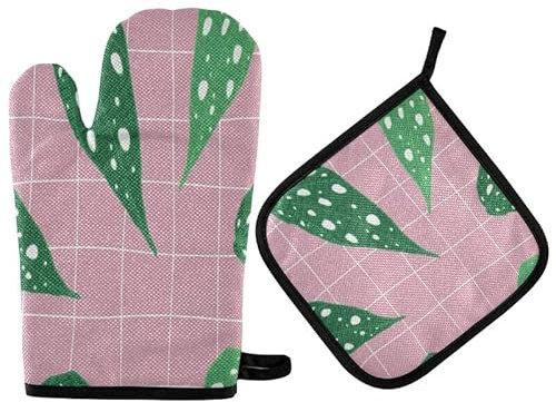 Begonia Maculata Wightii - Juego de manoplas para horno, diseño de cuadros rosas, decoración de cocina, guantes para estufa, almohadillas calientes resistentes al calor, recicladas para barbacoa, horn