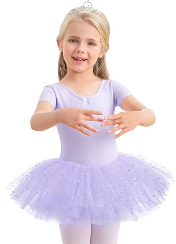 Aiseyi Balettkläder, balettklänning flicka, paljetter, baletttyllkjol, barn, bomull, dansklänning, kortärmad, balettdräkt, balettkläder, ballerina tutu
