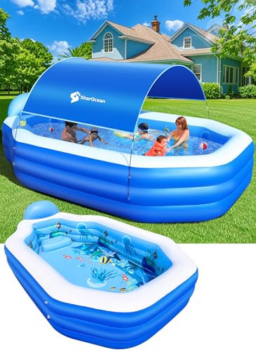 Inflatable Pool with Canopy, Large Inflatable Swimming Pool for Kids,Adult, Blow Up Pools with Seats,Backrest.Durable Thickened Inflatable Family Pools for Backyard,118x75x22-Dark Blue
