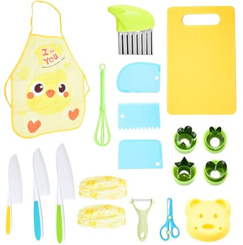 Set di 20 coltelli da cucina per bambini, in legno, per cucinare e tagliare, coltelli da cucina per bambini piccoli, tra cui grembiule, taglieri e pelapatate a Y