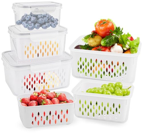 KITDAHOM 3 Boîtes Hermétiques Alimentaires - Boîtes de Rangement Frigo - Boîtes de Conservation, 3.3L + 1.75L + 0.85L, Double Couche, 3 Paniers Égouttoirs + 3 Boîtes Étanches, PP, Micro-ondes & Frigo