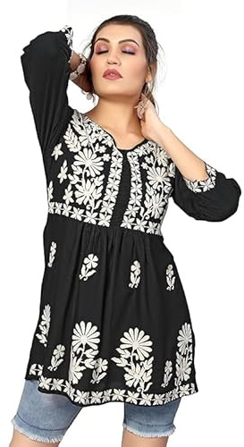 Sambhav Quilt Hub Camicetta tradizionale a tunica da donna in rayon Chikankari ricamata a mano, nero, X-Large