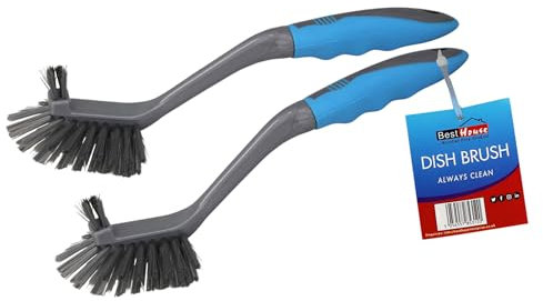 Best House | Dish Brush with Non Slip Handle | Dish Washing Cleaning Brush | Grey Blue | 2 Pcs | Double-Sided Scrub Brush for Pans, Pots, Kitchen Sink Cleaning with Strong Grip and Durable Bristles