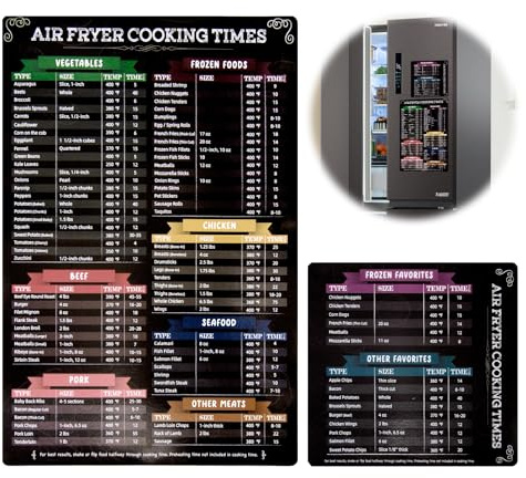 Lot de 2 accessoires Airfryer - Guide magnétique avec température, durée et quantité - Accessoires de friteuse à air chaud - Livre de recettes pour friteuse à air chaud - Liste avec 86 aliments dans 9