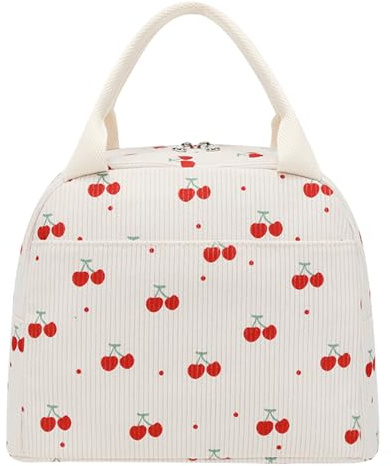 EDLMKM Lunch Bag for Women Girls, 9.5L Cherry White Insulated Lunch Box Bags, Portable Reusable Toddler Cooler Lunch Bag,Cute Girls Ladies Lunch Bags, Foldable Picnic Handbag for Work/School/Picnic
