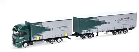 Herpa Camion Miniature Iveco S-Way Train Routier à bâches Longues “Spedition Schwarz”, Miniature à l’échelle 1:87, Objet de Collection, fabriqué en Allemagne, Plastique