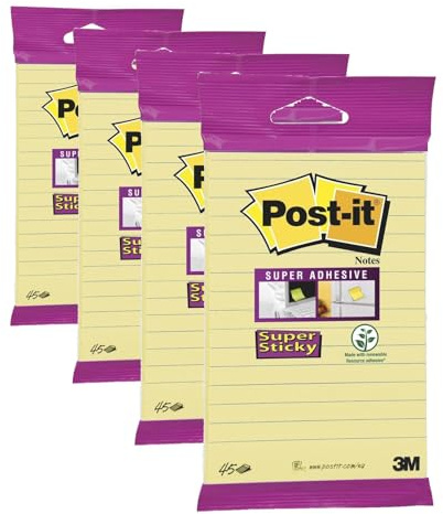 Post-it 6845 SLY Súper Sticky Notes 102 x 152 mm, Liniert, 1 bloque de 45 Blatt, amarillo (Paquete de 4)