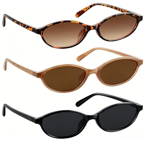 3 Lunettes de Soleil Femme Vintage Ovales Retro Noir Gris Marron Léopard