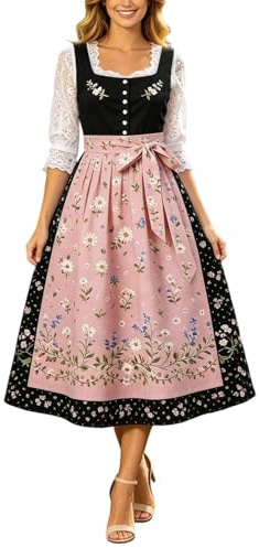 Generisch Vestido tirolés para mujer, Oktoberfest, vestido midi bávaro, con delantal, lazo, disfraz tradicional de pradera, para carnaval, Halloween, fiesta festiva, Negro-X, 4XL