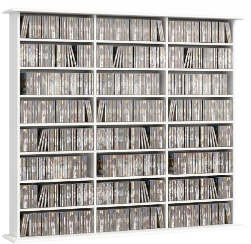 HOMCOM 1032 CD/594 DVD Storage Unit 594 Blu-ray Media Storage Shelf White | 24 Compartments, 18 Adjustable Shelves, CD Tower, Living Room Bedroom Office