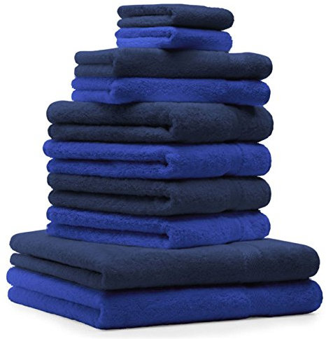 Betz 10-TLG. Handtuch-Set Premium 100% Baumwolle 2 Duschtücher 4 Handtücher 2 Gästetücher 2 Waschhandschuhe Farbe Royal Blau & Dunkel Blau