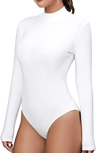 MANGDIUP Bodysuit for Women Mock Turtle Neck Long Sleeve Tops Slim Fit Basic Stretch Soft Bodysuit Jumpsuit