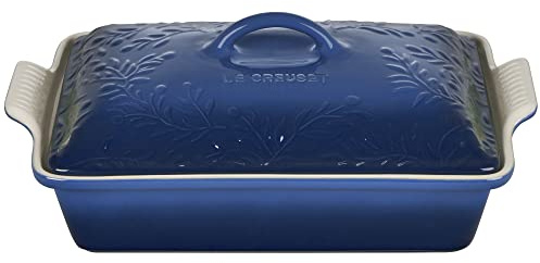 Le Creuset Olive Branch Collection Stoneware Heritage Covered Rectangular Casserole, 4 qt., Marseille with Embossed Lid