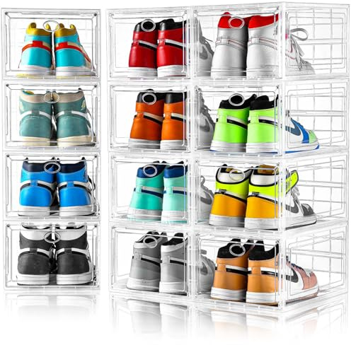 Amllas 12 Pack Clear Shoe Boxes Stackable,Shoe Storage Boxes for Closet,Sturdy Shoe Box Storage Containers with Clear Door,Sneaker Storage,Easy to Assemble,Fit up to US Size 12(13.8”x 9.84”x 7.1”)