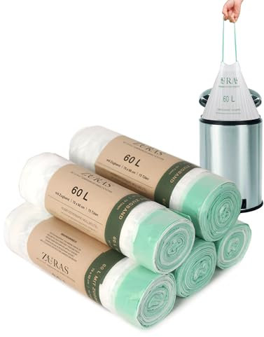 ZURAS® 60 litres Sacs à déchets biologiques avec cordon de serrage 75 pcs. Sacs poubelle compostables et biodégradables, résistants à la déchirure et étanches à l'eau