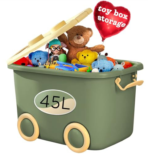 Froppi 45L Toy Box | Toy Storage with Lid | Kids Storage on Wheels | Large Size | Green | L50 W35 H30 cm