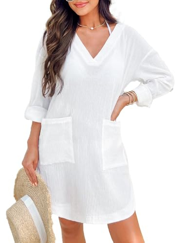 NLAND Vestido de Playa Mujer Suelto Camisa de Playa Cuello en V Camisola de Playa Bolsillo Ropa de Baño Playa Verano Bikini Cover Up Talla Grande (Blanco)