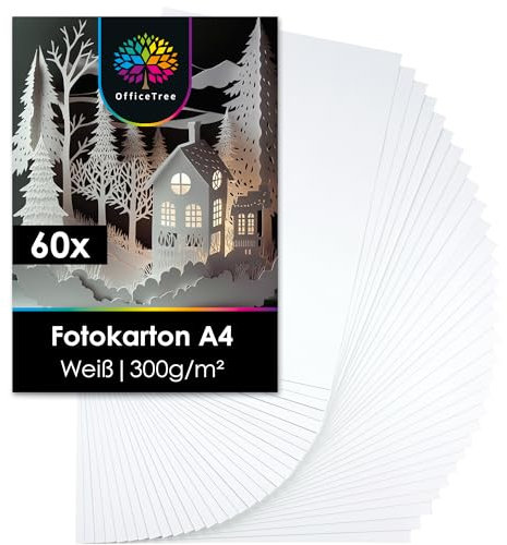 OfficeTree 60 Blatt Fotokarton A4 Weiß 300g - Fotokarton Weiß zum Basteln, Schneiden & Drucken - Lignin- & Säurefrei - dickes Papier A4 zum drucken - Bastelkarton Weiß - dickes Druckerpapier