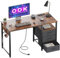 ODK Schreibtisch mit 3 Schubladen aus Stoff, Computertisch mit 2 Steckdosen und USB-Buchsen, Umkehrbarer PC Tisch Bürotisch für Home Office (Braun, 120x48x75.5cm)