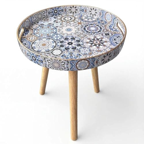 Simmer Stone Marble Round Indoor Side Tables with Detachable Wooden 3 Legs, Versatile Tray Table, Perfect For Round Coffee Table Tea, and Relaxation Time (15 Inch- Bohemian)