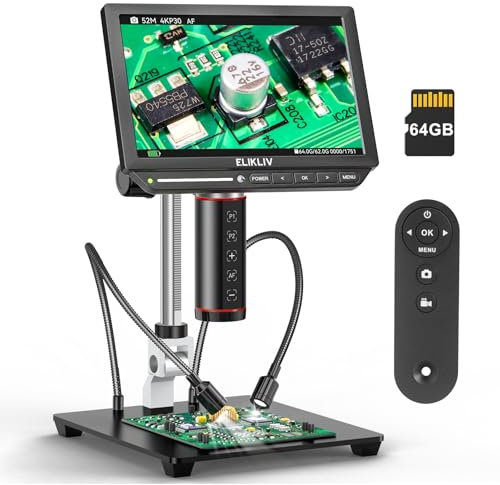 Elikliv Autofokus 4K Digitalmikroskop EM4K-AF, 8 Münzmikroskop, 52MP HDMI Mikroskop, Lötmikroskop für Elektronikreparaturen, LCD Mikroskop für Erwachsene, UHD Videomikroskop, 10 Ständer, 64G