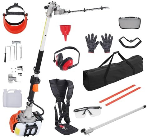 VEVOR Cortasetos de Gasolina Tanque de 0,54 L Cortasetos de Gasolina 26CC 2 Tiempos con Pértiga y Cuchilla Cabezal de Corte Ajustable a 270° Adecuado para Podar Arbustos, Setos, Ramas