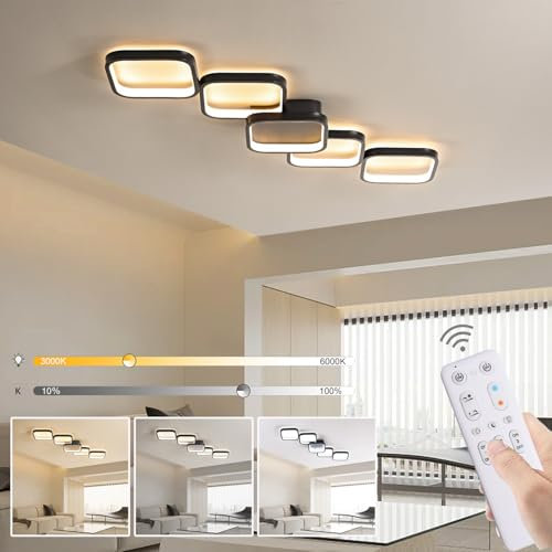 LED Deckenleuchte Dimmbar Deckenlampe mit Fernbedienung Wohnzimmerlampe Schwarze 45W Schlafzimmerlampe Deckenbeleuchtung 92cm Rechteckige Lampen Modern-Design Küchenlampe für Esszimmer Restaurant Flur