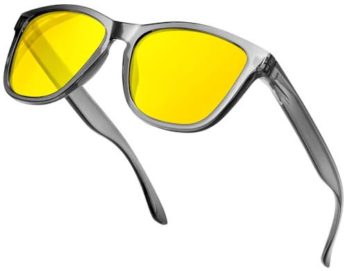 KANASTAL Occhiali Guida Notturna Grigi Uomo Donna Gialli Quadrati Visione Notturni Notte Montatura Grigia Trasparente Yellow Night Driving Glasses per Guida Sicura -Cornice Grigia Lente Gialla