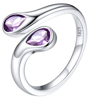 Silvora Adjustable Sterling Silver Open Ring for Women, Cubic Zirconia February Amethyst Purple Birthstone Thumb Rings