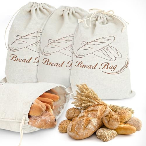 PRZRAO 4 Pièces Sac à Pain avec Cordon de Serrage 40x30cm Grand Sac Frais Réutilisable à Pain avec Film Intérieur en Lin pour le Stockage du