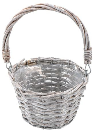 Ideen mit Herz Cesta de Mimbre de Madera con Lámina | Sauce | Decoración | Diámetro 15 cm | 26 cm de Alto | Embalaje de Regalo | Flores (Gris)