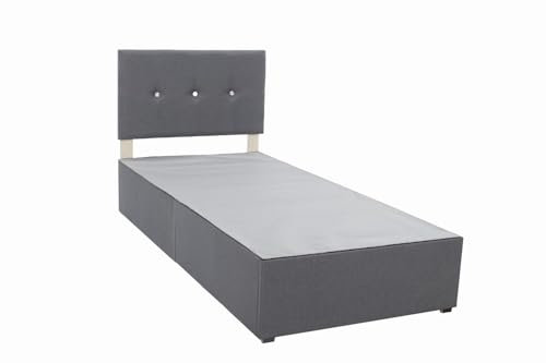 Panana 3ft 4ft 4ft6 5ft 6ft Size Grey Linen Divan Bed Base with Diamonds Headboard, Optional Drawers for Bedroom (3FT Single, No Drawer)
