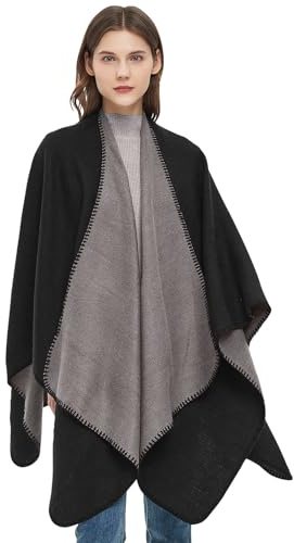 Figarge stickad poncho cape damer vinter vändbar tryckt rutig stickad filt amnings tröja damer bohemisk geometrisk, Svart grå, XXL-3XL