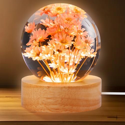 GOMETY Lampada notturna a sfera di cristallo 3D, 6 cm, con base in legno USB, margherita, fiore eterno per la casa, decorazione da tavolo