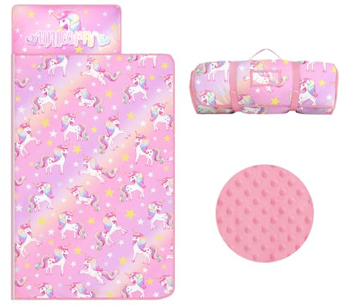 Tapis de Sieste pour Enfants avec Oreiller et Couverture Amovibles Sac de Couchage 2 en 1 Très Épais pour Garçons et Filles, Couverture de Sieste pour Crèche, Voyage et Camping (Licorne Dégradée)