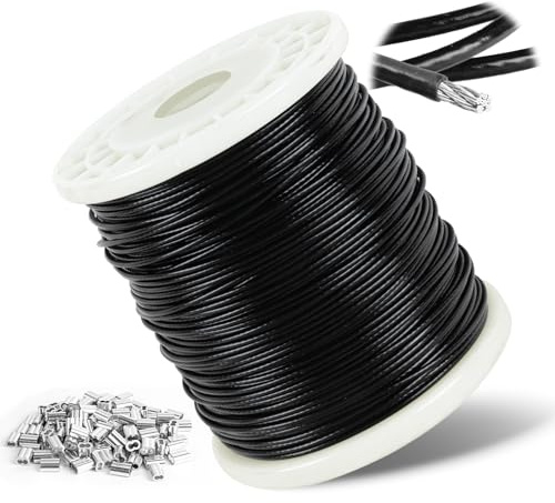 Cavo metallico da 2 mm, in acciaio inossidabile 304, rivestito in plastica nera, con anello di crimpatura in alluminio, 100 m, sezione trasversale 7 x 7, per appendere quadri, stendibiancheria