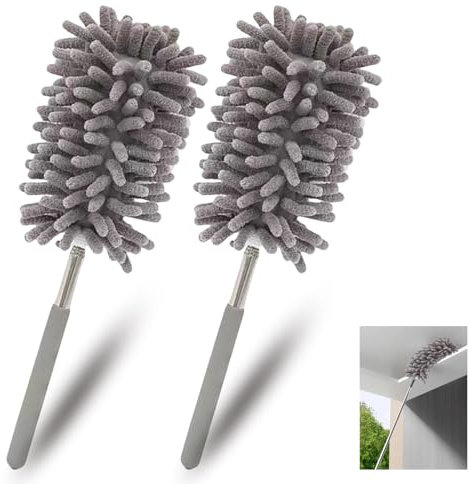 Lot de 2 plumeaux télescopiques longs et extensibles pour la maison, le bureau, la voiture, les toiles d'araignée, avec manche télescopique, efficace pour enlever la poussière