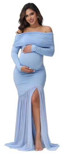 JustVH Maternity Long Sleeve Off Shoulder Baby Shower Dress Party Mesh Paneled Split Maxi Photography Gown for Photoshoot Blue