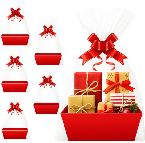 Cesto regalo con manico, cestino vuoto per regali, cestino regalo in carta kraft con 5 pellicole termoretraibili e nastri, matrimonio, compleanno, Natale, San Valentino, rosso