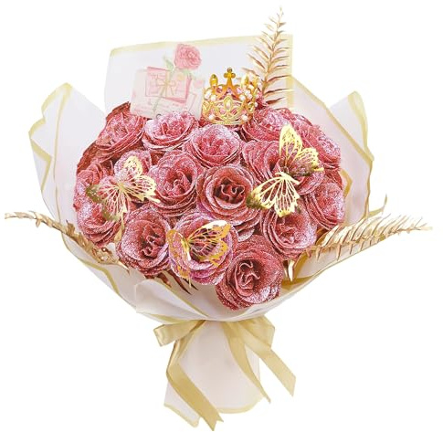 Prelisee 24 Stück Glitzer Rosenstrauß DIY Künstliche Rosen Glitzer Blumensträuße mit Krone Postkarte,Glitzer Rosen Bouquet Rosa Kunstblumen Blumenstrauß für Valentinstag, Hochzeit,Geburtstag,Weihnacht