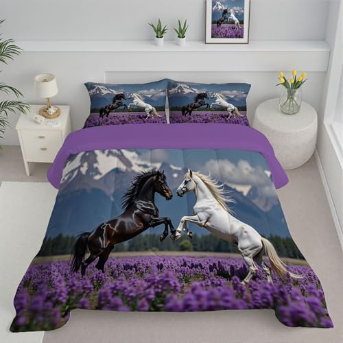 Trapunta Letto Singolo 4 Stagioni 140x200cm Piumone Stampa Campo Fiori Cavallo, Piumini Leggero Natura Montagne Set di Biancheria da Letto,Super Morbido con 1 Federe 50x75cm, Blu