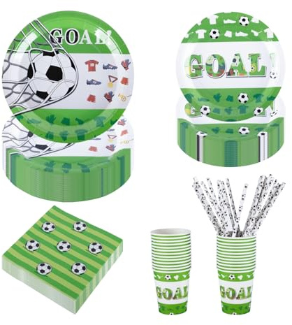 CEILIWEN Set di stoviglie da festa di calcio verde e bianco 125 pezzi | Piatti da calcio per 25 ospiti (22,9 cm e 17,8 cm), tazze, tovaglioli e cannucce | Decorazioni complete per feste