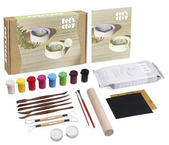 LET'S CLAY - Pottery Kit för vuxna med lufttorkande lera, verktyg, färger, penslar och 2 värmeljus, lufttorkningskit för tillverkning av ljusstakar