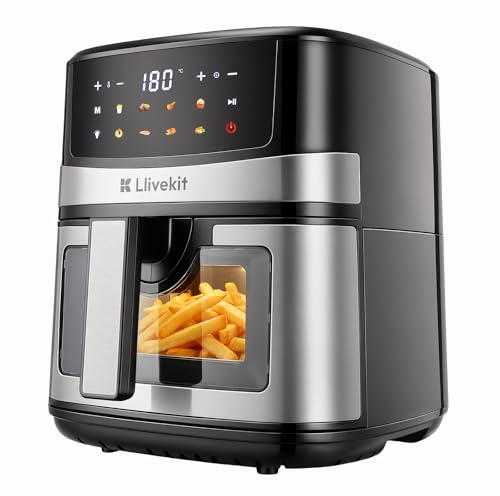 LLIVEKIT 7L Air Fryer with Full Colour Touchscreen, Turbo Air Circulation | Viewing Window & Interior Light, 8 Presets, 1600W, Uses No Oil, 70% Energy Saving, Compact Family Size, Black Silver